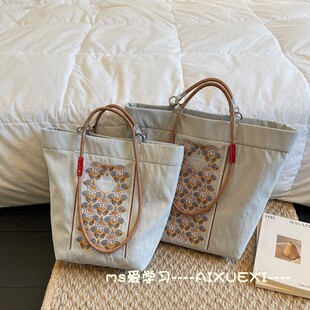 日系复古刺绣购物袋帆布包大容量单肩水桶手提袋上班通勤包托特包