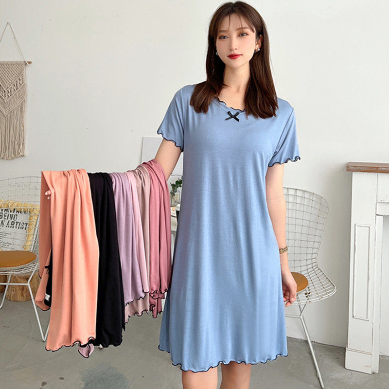 睡裙女夏季薄款宽松莫代尔短袖家居服连衣裙大码木耳边孕妇裙长裙