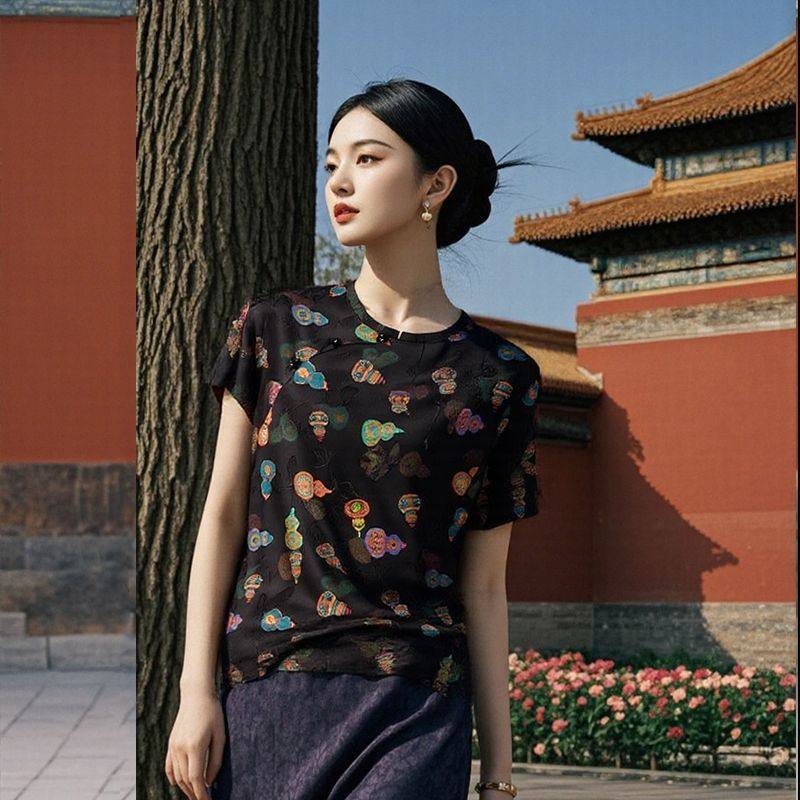 新中式国风上衣2025新款女装洋气小衫冰丝葫芦遮肉显瘦上衣衬衫