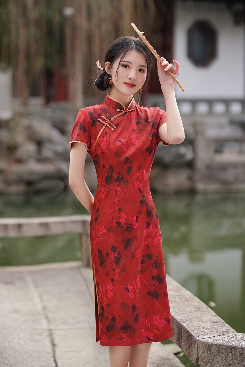 古圣娇2023年高级感港风旗袍经典女人味气质名媛新款双层连衣裙