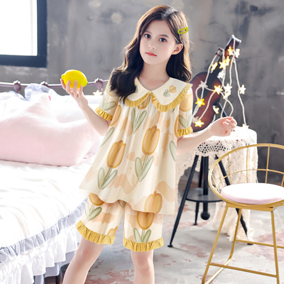 女童夏季日系甜美郁金香纯棉短袖短裤睡衣女孩子可外穿家居服套装