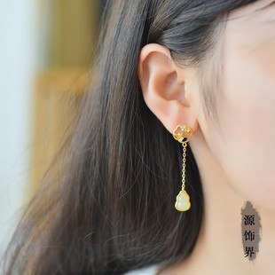 天然玉石s925银镶和田玉白玉葫芦耳坠镶钻梅花黄金饰品女款耳钉