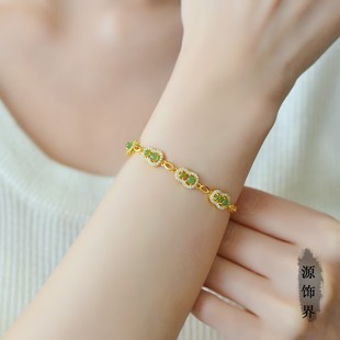 天然玉石s925银镶和田玉碧玉葫芦手链镶钻黄金饰品女款时尚礼物