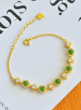 天然玉石s925银镶和田玉碧玉手链黄金饰品幸福美满镶钻女款礼物