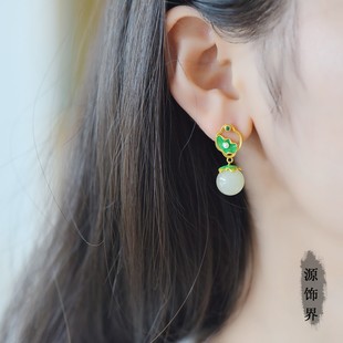 天然玉石s925银镶和田玉10mm珠子珐琅耳坠黄金荷叶珍珠耳钉耳环女