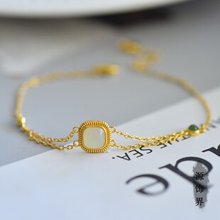 天然玉石s925银镶和田玉白加方鼓手链精品白玉碧玉时尚银镀金礼物