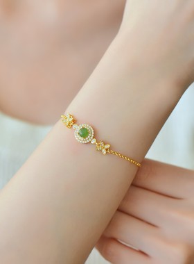天然玉石s925银镀金镶和田玉碧玉手链镶钻宝石时尚简约饰品女礼物