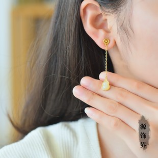 天然玉石s925银镶和田玉白玉葫芦耳坠铜钱黄金饰品耳线坠耳钉饰品