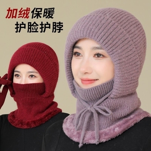 中老年人女款帽子围巾一体冬季骑车妈妈毛线帽保暖奶奶防风套头帽