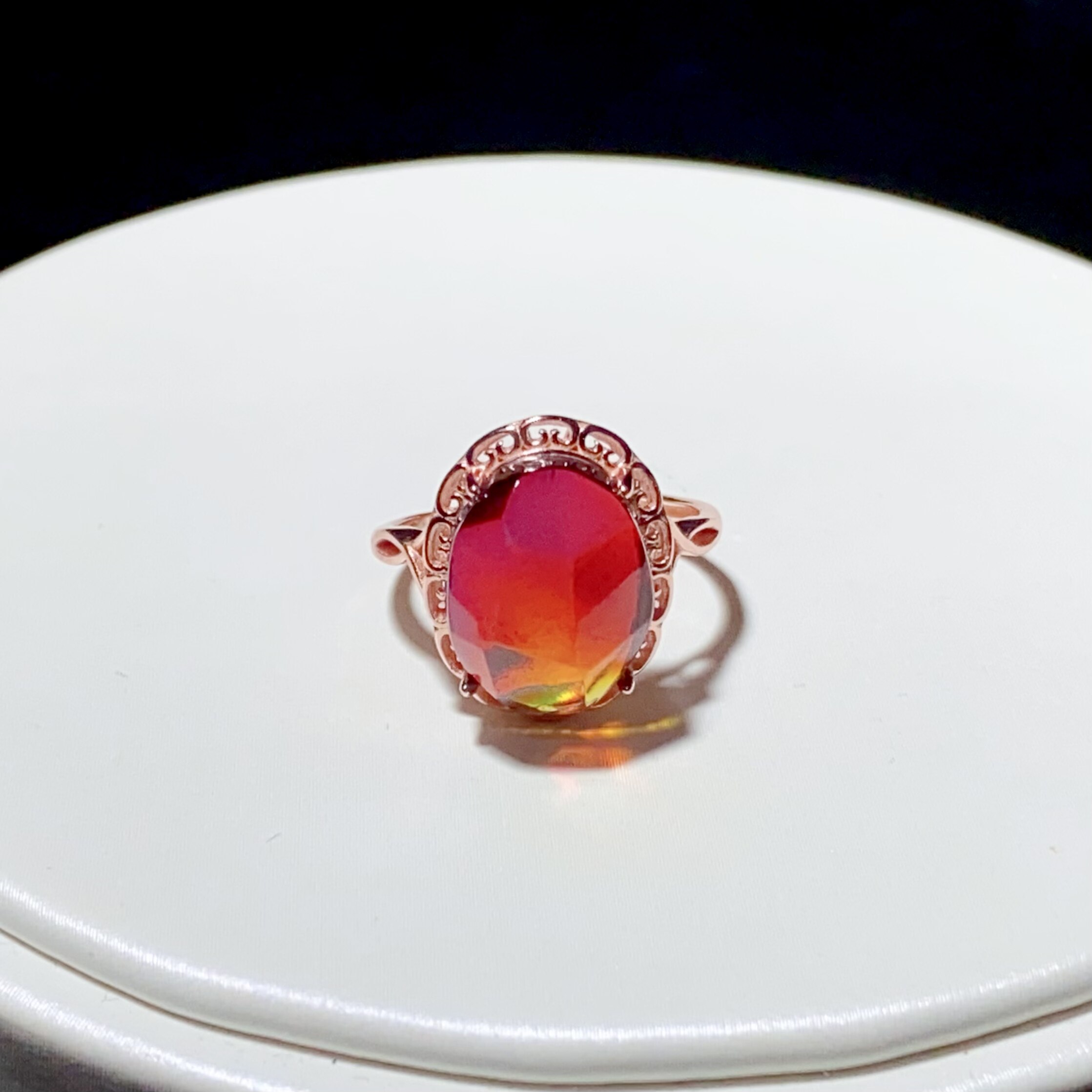 天然墨西哥红蓝珀精美钻切面戒时尚戒指开口