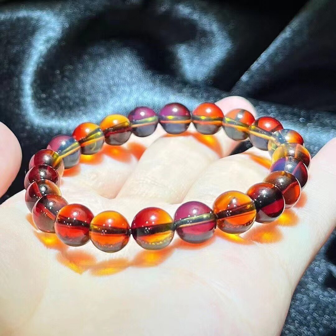 8mm墨西哥馆藏红蓝珀精品手串.5A级无杂无裂火彩妖孽日常佩戴超赞