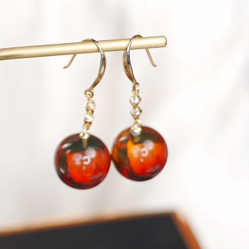 天然红蓝珀血珀圆珠耳钉墨西哥琥珀耳钩耳挂耳坠耳饰女款
