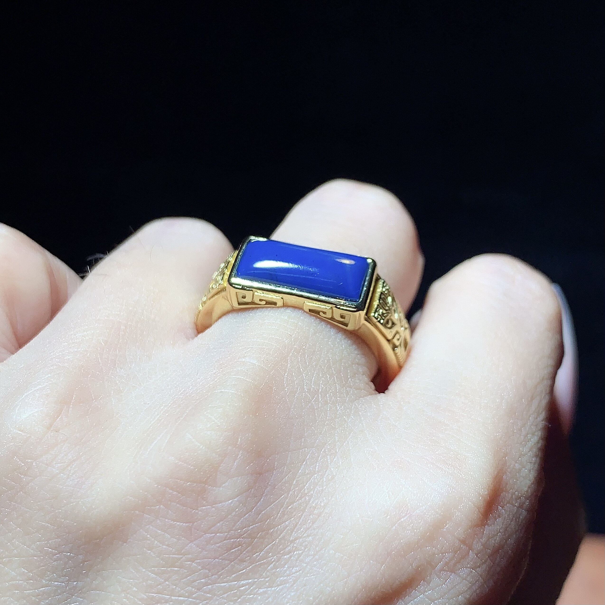 天然多米尼加精品蓝珀方戒皇家蓝厚银马鞍戒男戒活口戒指