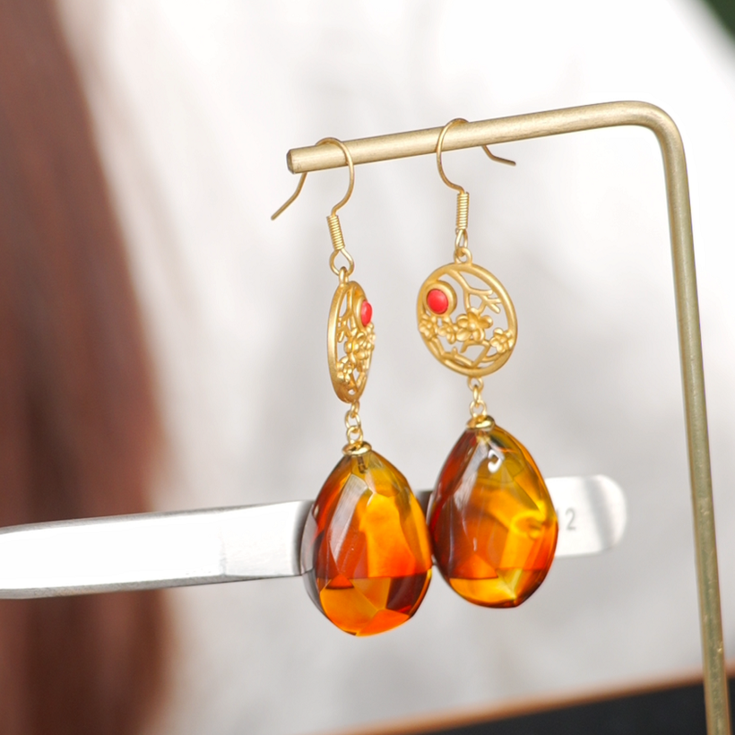 天然墨西哥红蓝珀钻切水滴耳坠耳钩琥珀血珀蜜蜡耳饰品女款