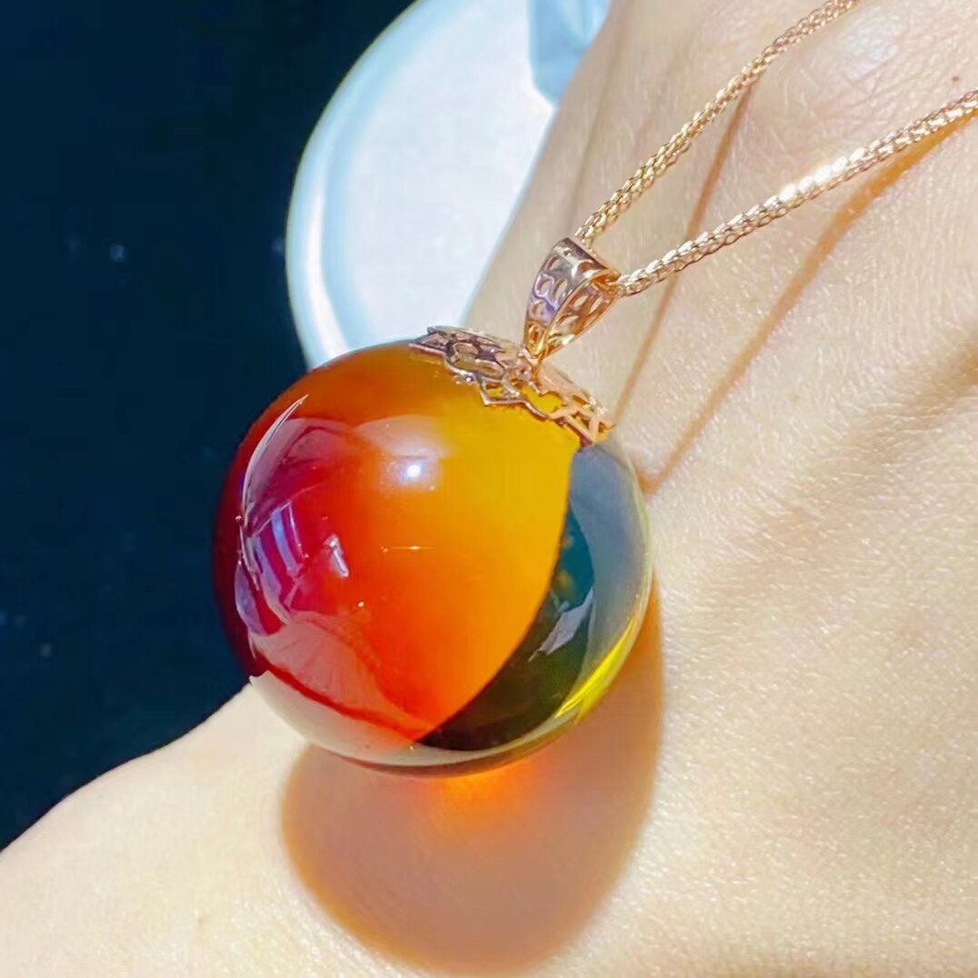 天然墨西哥红蓝圆珠吊坠 18K金镶嵌琥珀蜜蜡血珀项链女款正品证书