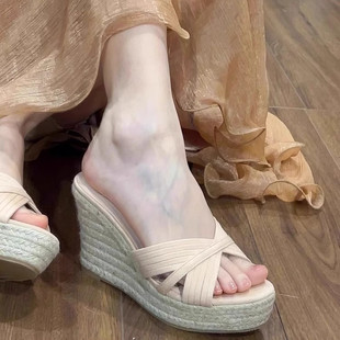 小个子增高10cm超高跟鞋~一字拖鞋厚底坡跟绒面吸汗凉拖鞋女夏天