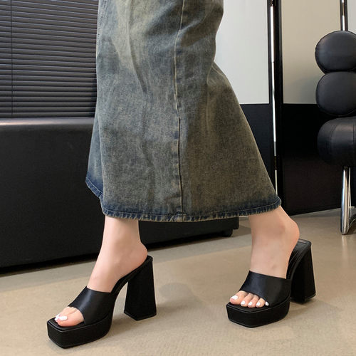 新款10cm超高跟外穿凉拖鞋女夏季厚底粗跟防水台性感百搭凉鞋方头