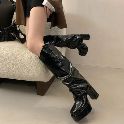 12cm超高跟女靴厚底长筒靴女堆堆裤管靴高筒防水台粗跟不过膝长靴
