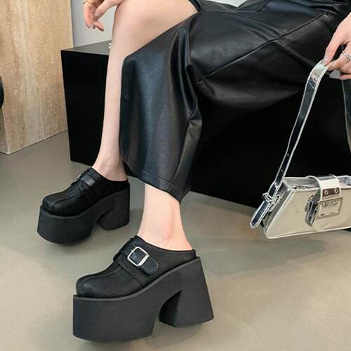 网红增高松糕厚底包头半拖鞋无后跟一脚蹬凉拖11cm超高跟女鞋坡跟