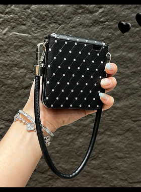 OU【奢华黑色菱格点钻皮质手提绳】适用于荣耀magicvflip/flip2折叠屏手机壳新款翻盖挂绳孔时尚防摔保护套女