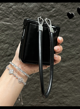 OU【小众水晶皮纹黑色手提绳】适用于荣耀magicvflip/flip2折叠屏手机壳潮牌时尚新款翻盖防摔保护套男女简约