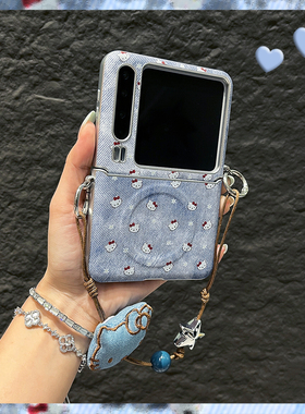 OU【可爱蓝色满屏猫咪磁吸牛仔皮纹手提】适用于华为Purax/P50pockets折叠屏手机壳新款翻盖防摔保护套女卡通