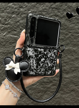 OU【小众黑色暗花纹磁吸手提绳】适用于华为Purax/P50pocket折叠屏手机壳网红新款翻盖防摔保护套男女高级感