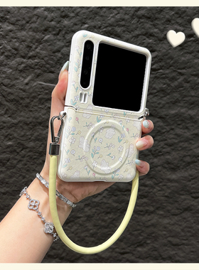 OU【小众浅黄色碎花兔子磁吸皮质手提绳】适用华为Purax/P60pockets折叠屏手机壳新款韩系翻盖防摔保护套男女
