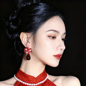 悦己 复古花朵水滴红色耳饰女高级感耳环2025新款 无耳洞耳夹耳钉