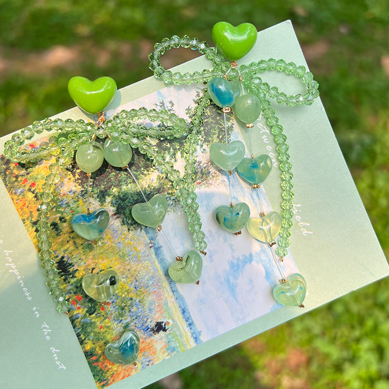 悦己蝴蝶结爱心流苏长款夸张绿色耳饰女耳环高级感耳钉无耳洞耳夹