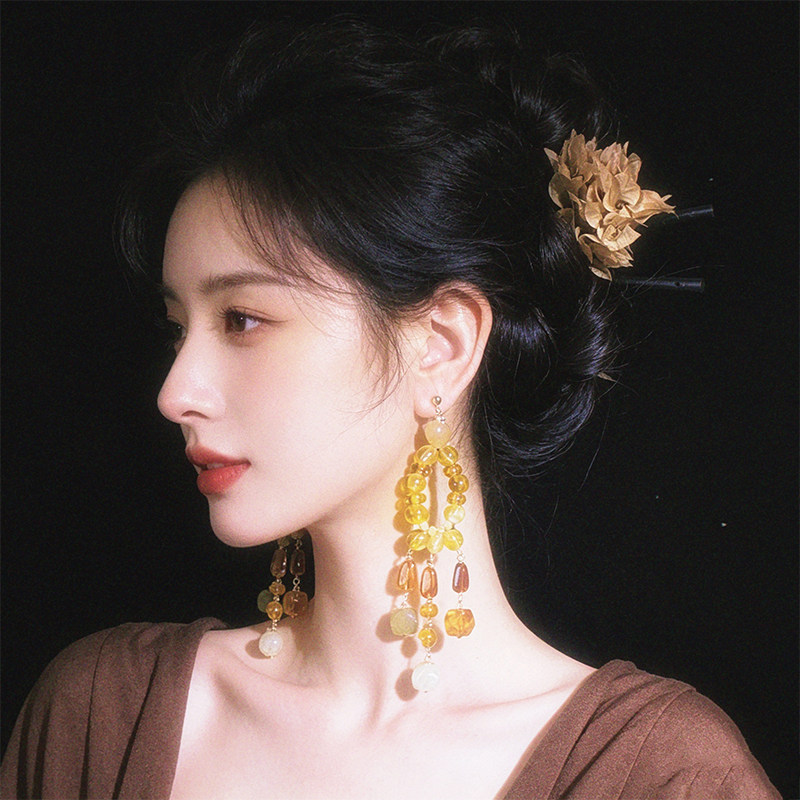 悦己复古流苏长款夸张棕色耳饰女美拉德秋冬高级感耳钉无耳洞耳夹
