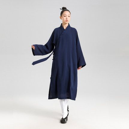 云青玄 中长款春夏季棉麻道袍蓝色亚麻道士服三清领长袍居士服