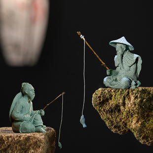 姜太公钓鱼下棋者花园流水装饰摆件假山鱼缸钓鱼翁树脂工艺品造景