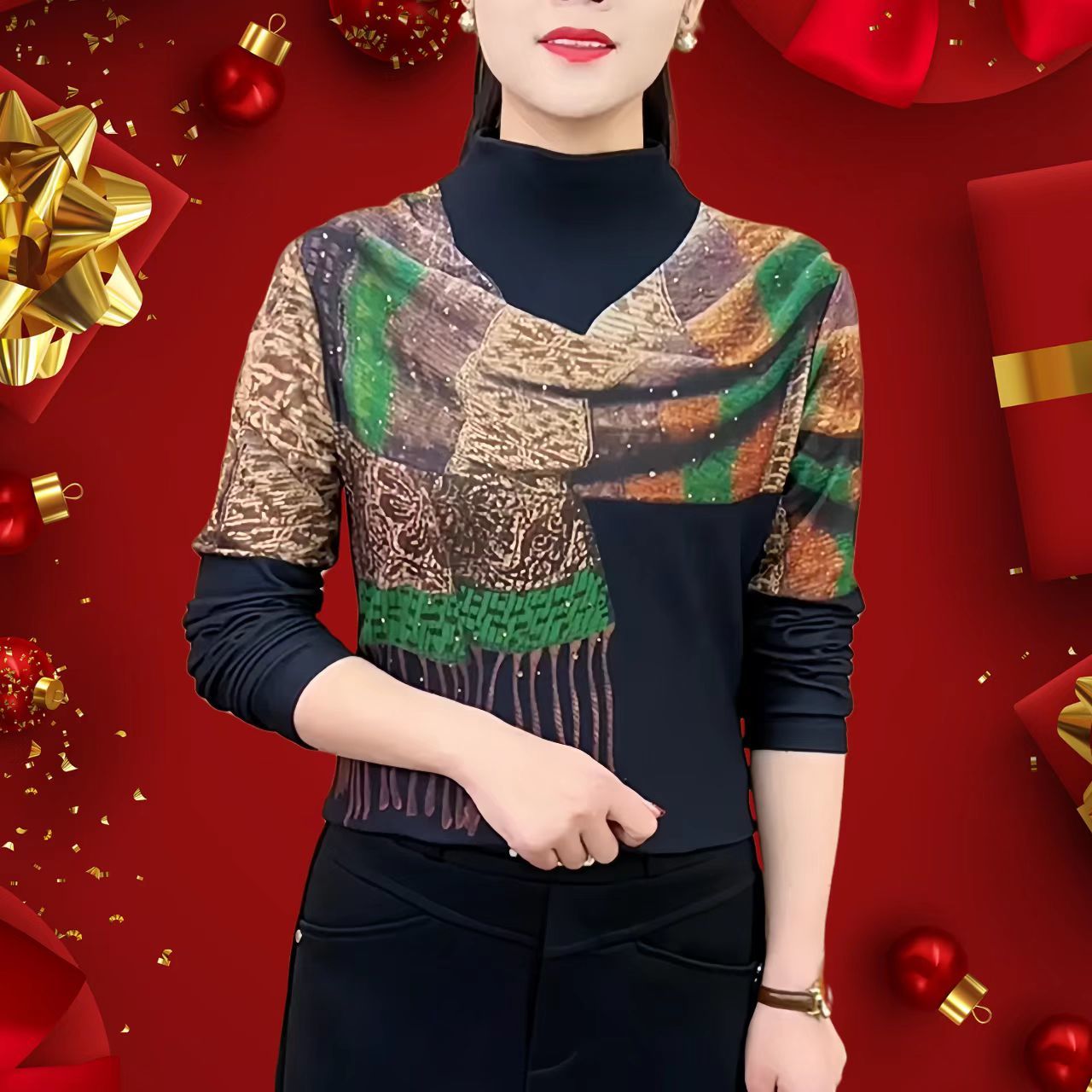 【清仓】秋冬双面德绒设计感印花中老年半高领有弹力显瘦遮肚子