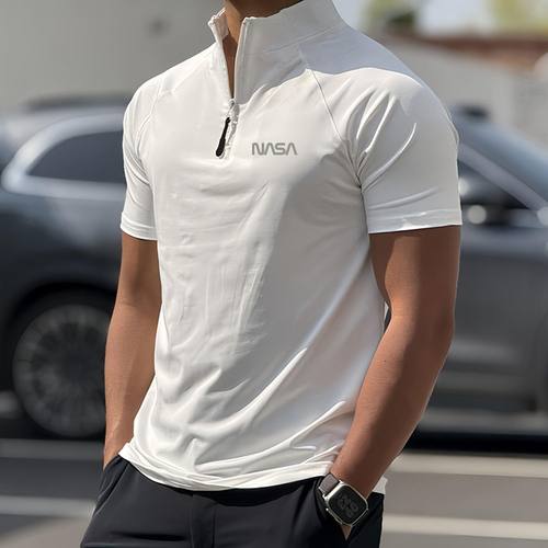 运动短袖男半拉链立领上衣速干收袖口户外跑步健身美式训练骑行服