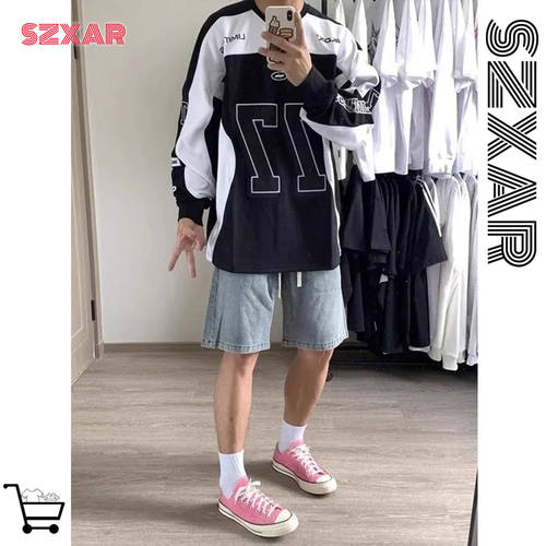 美式黑白撞色拼接卫衣男款春秋季圆领长袖冰球服上衣t外穿77号