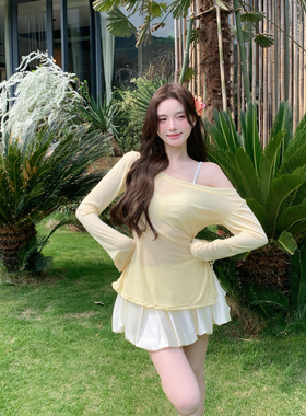 2025年新款白色长袖比基尼四件套泳衣性感显瘦遮肚温泉度假沙滩