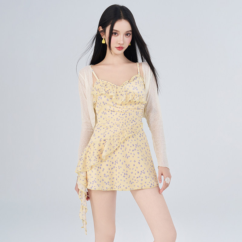 泳衣女2026新款法式碎花泳衣收腰显瘦度假风裙式连体泳衣温泉泳衣