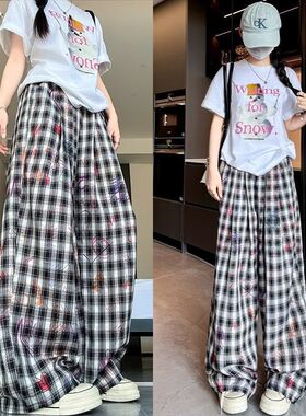 女童夏款美式涂鸦直筒裤初高中生黑白夏季阔腿垂感高腰宽松格子裤