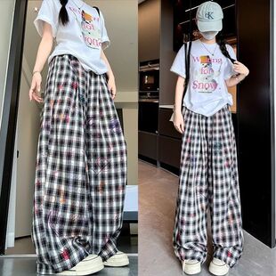 女童夏款美式涂鸦直筒裤初高中生黑白夏季阔腿垂感高腰宽松格子裤