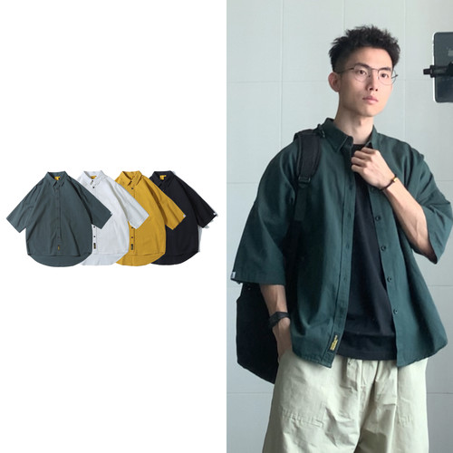黑子舞想日系短袖衬衫男潮流OVERSIZE纯色痞帅青少年五分中袖衬衣