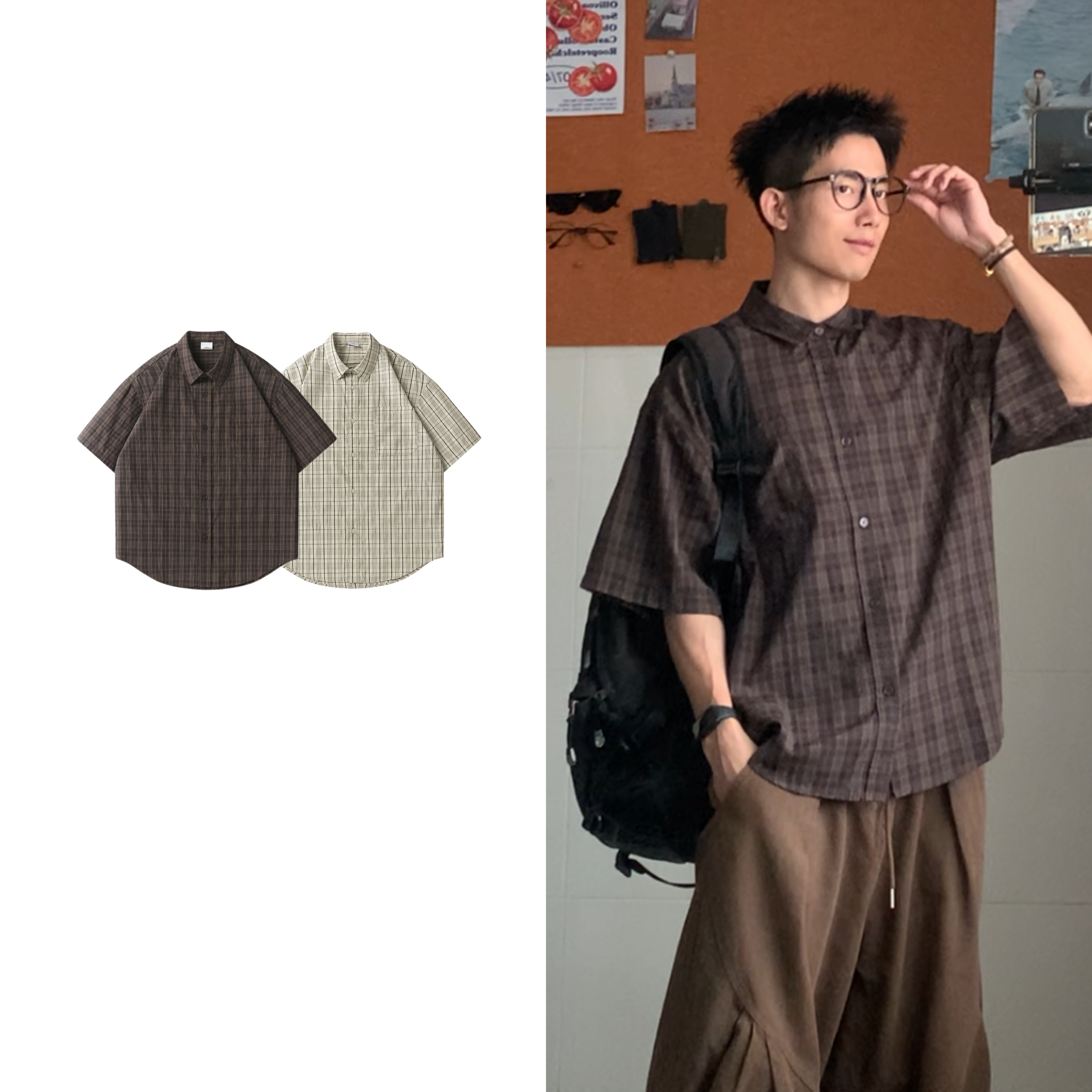 黑子舞想日系复古格子撞色翻领短袖衬衫中性风宽松半袖衬衣夏季潮图片