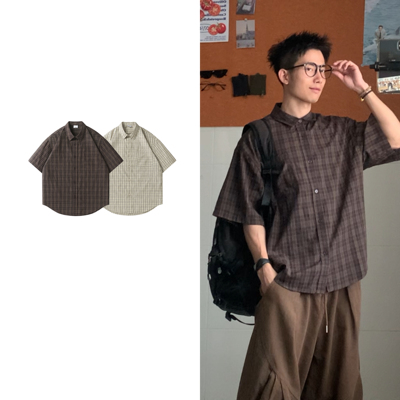 黑子舞想日系复古格子撞色翻领短袖衬衫中性风宽松半袖衬衣夏季潮