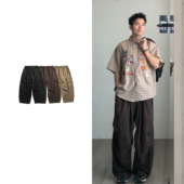 休闲裤 黑子舞想日系纯色宽松褶皱水洗阔腿裤 男女百搭抽绳工装 轻薄