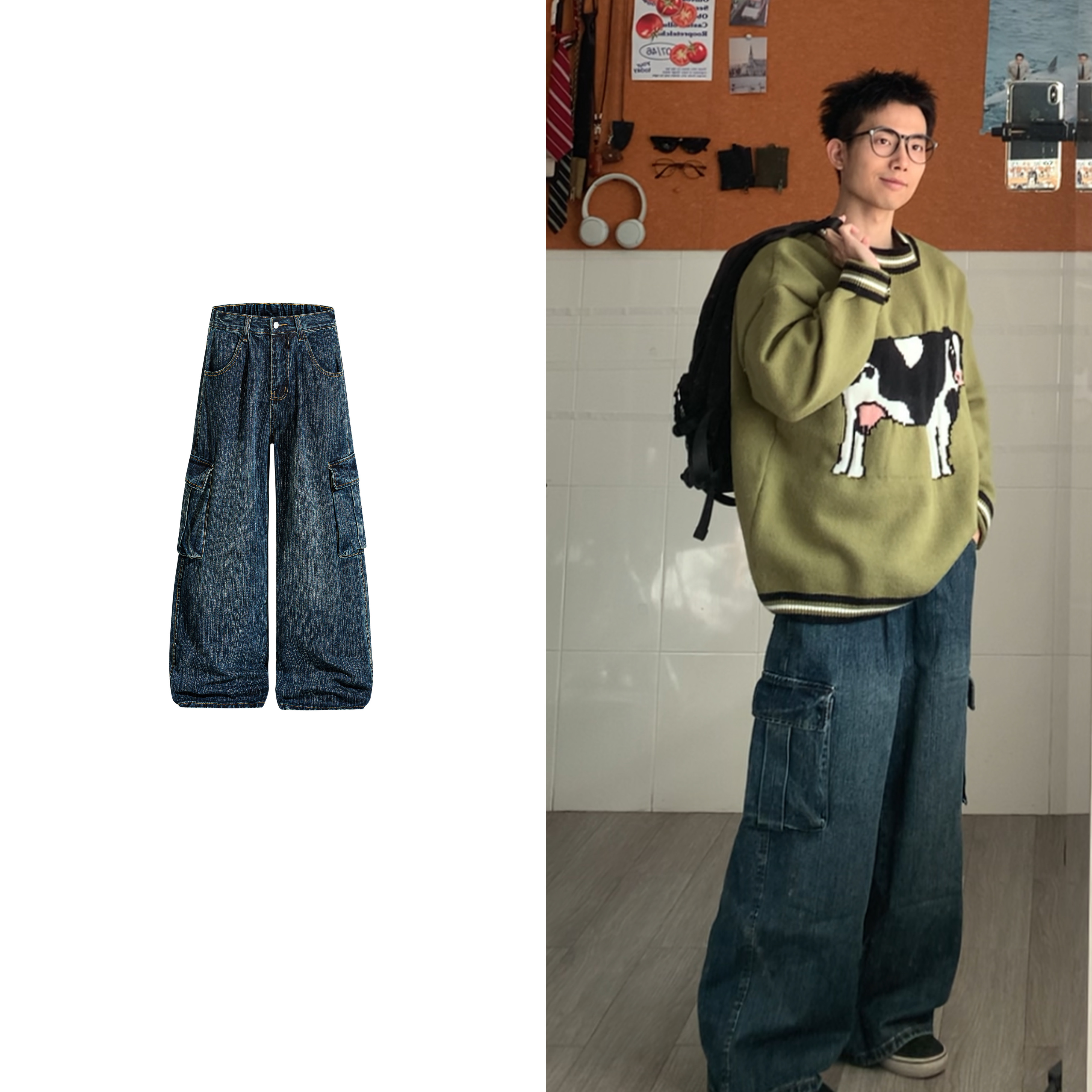 黑子舞想水洗竹节纹工装牛仔裤男美式复古直筒多口袋阔腿情侣长裤,男装,牛仔裤,淘宝优惠券,粉丝福利购,淘宝优惠卷