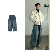 黑子舞想日系复古水洗做旧牛仔裤 男ins高街潮牌宽松直筒阔腿裤 子