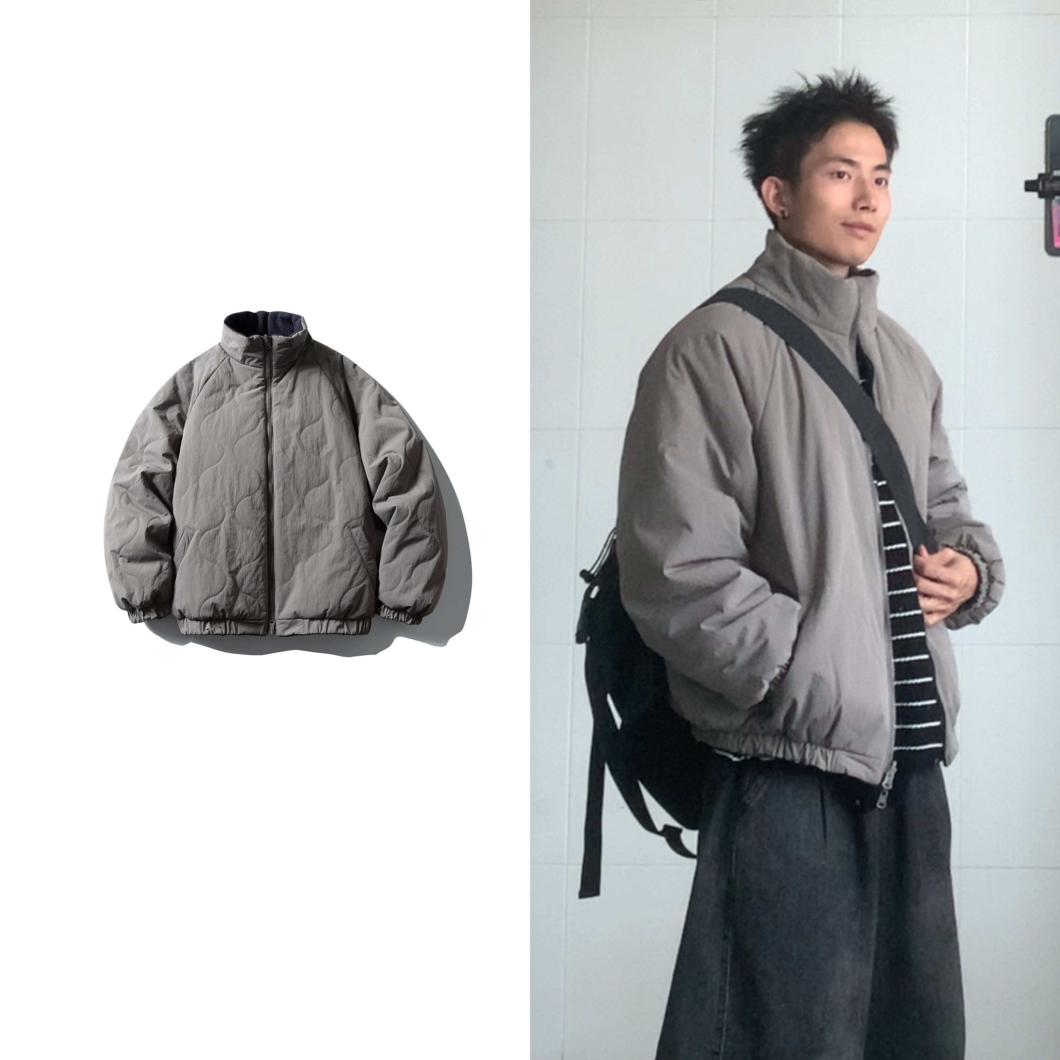 黑子舞想日系复古立领两面穿摇粒绒棉衣加厚保暖纯色简约外套男女