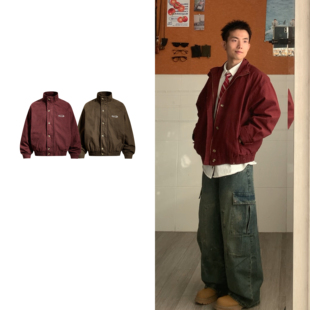 黑子舞想复古深酒红立领短款水洗工装外套男女春秋季美式休闲夹克