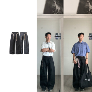 男女百搭垂感阔腿休闲弯刀裤 黑子舞想美式 休闲小众设计感领带西裤