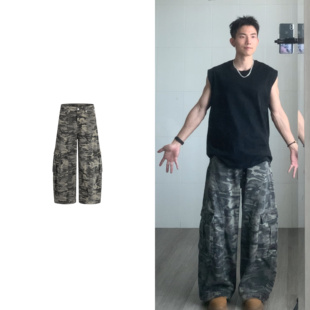 黑子舞想美式复古迷彩弯刀牛仔裤男女宽松休闲镰刀阔腿裤工装裤子
